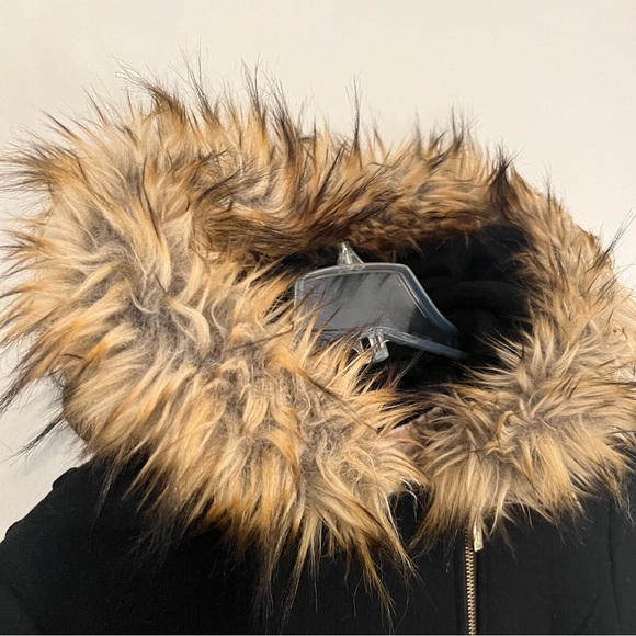 Michael Kors Black Wool Parka Fur Hood Coat Gold Hardware Size 14 Mid Length - Picture 2 of 14